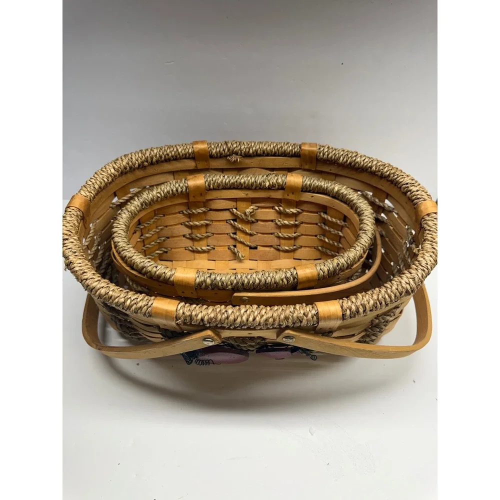 Set of 2 Woven Wood Apple Baskets Rustic Farmhouse Decor with Rope Accents